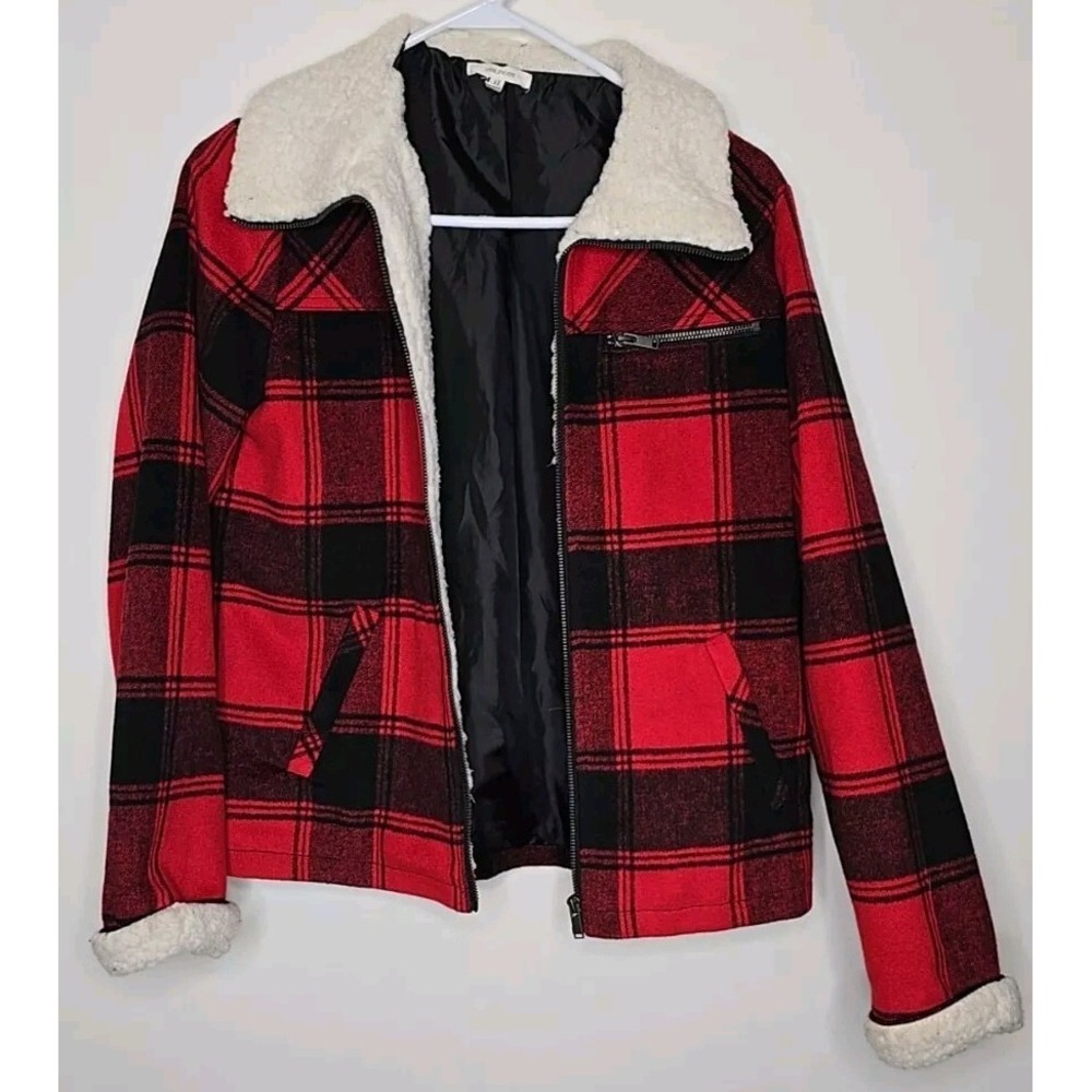Maurices Jacket Womens S Red Buffalo Plaid Wool Blend Sherpa Full Zip Pocket